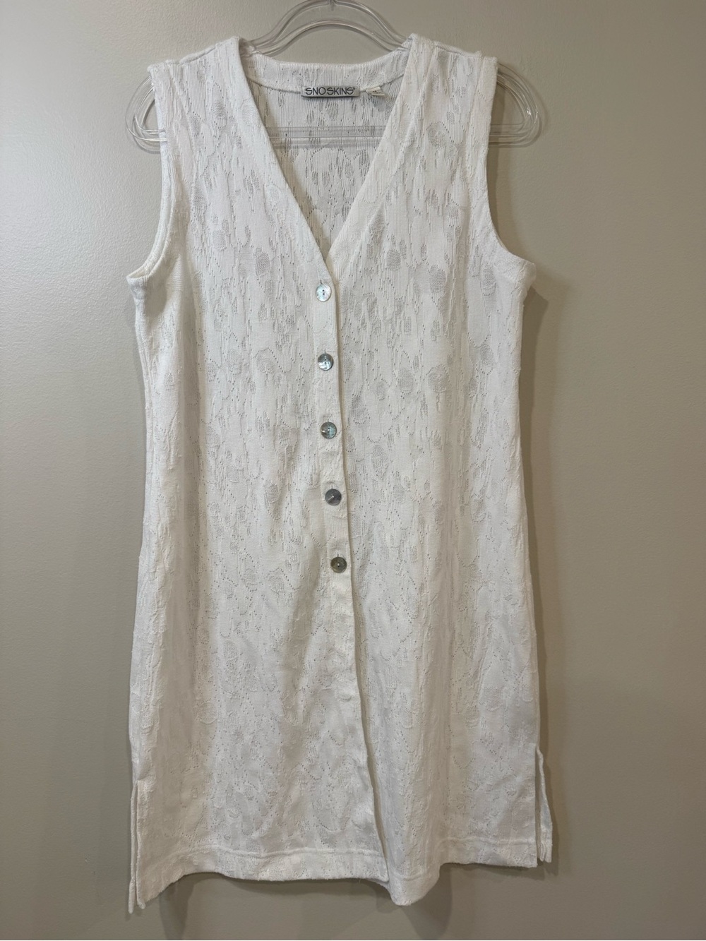 SnoSkins White Pointelle Floral Textured Sleeveless Tunic Dress Swim Coverup